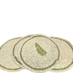 Set of 4 Round Woven Raffia Placemats Cream Sage Green Fern Leaf Botanical 14.5"